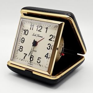 VINTAGE Seth Thomas Wind Up Folding Travel Alarm Clock Black Leather Case TESTED